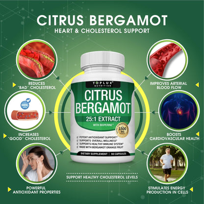 Citrus Bergamot Supplement 1500mg - 25:1 Bergamot Extract to Support Overall Health, Immune System, Potent Antioxidant High Absorption Natural - Maple Wellness Supplements