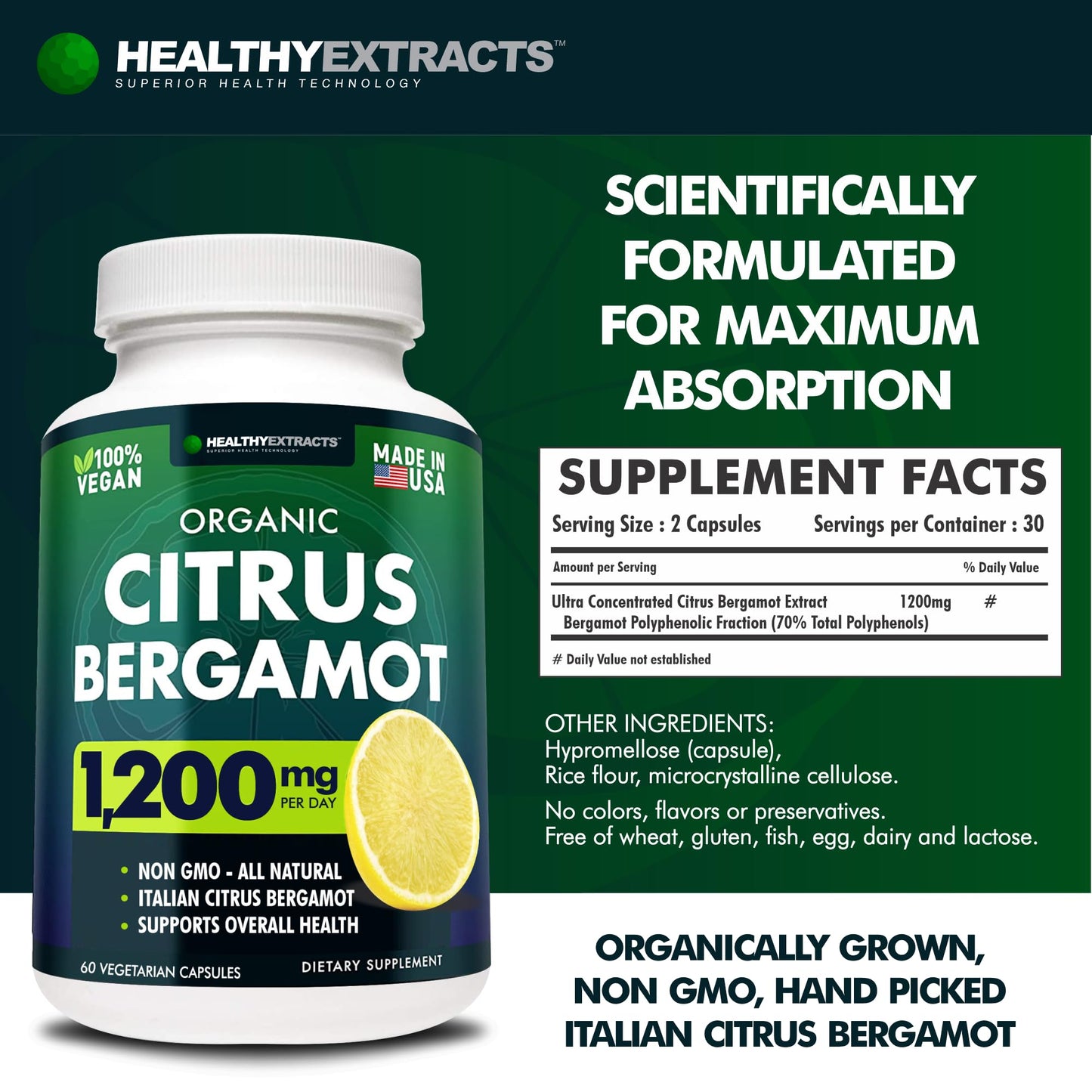 Citrus Bergamot Supplement – 150:1 Extract, 1200mg per Serving, 70% Polyphenols, Italian Sourced, 60 Count, 1 Month Supply, Made in the USA - Maple Wellness Supplements
