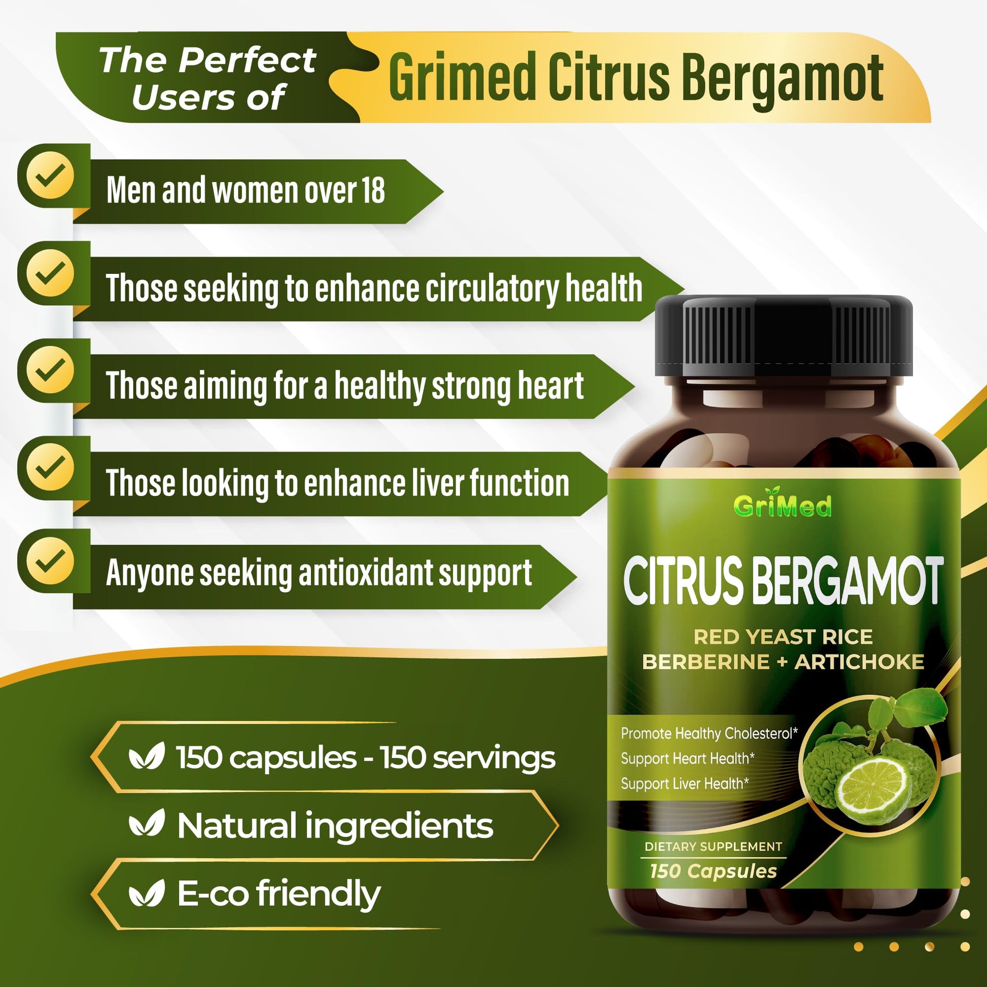 Citrus Bergamot with Red Yeast Rice, Garlic, Artichoke for Healthy Cholesterol, Heart Health (150 Count (Pack of 1)) - Maple Wellness Supplements