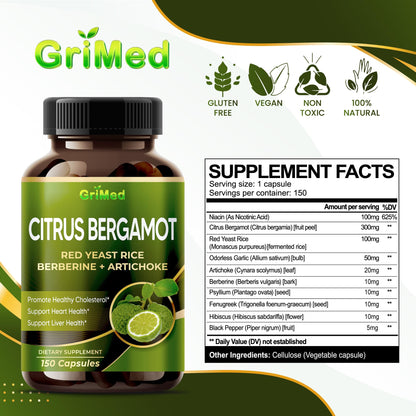 Citrus Bergamot with Red Yeast Rice, Garlic, Artichoke for Healthy Cholesterol, Heart Health (150 Count (Pack of 1)) - Maple Wellness Supplements