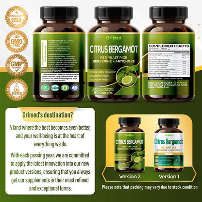 Citrus Bergamot with Red Yeast Rice, Garlic, Artichoke for Healthy Cholesterol, Heart Health (150 Count (Pack of 1)) - Maple Wellness Supplements