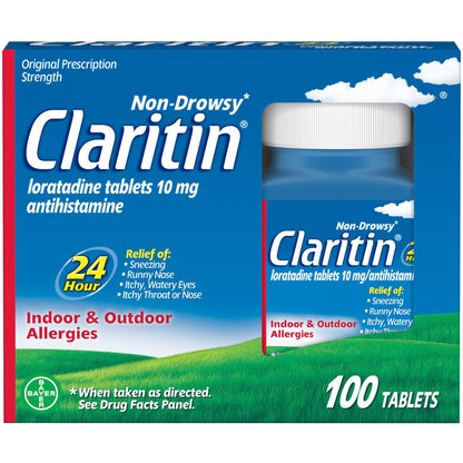 Claritin Allergy Medicine for Adults, 24-Hour Non-Drowsy Loratadine 10mg Pills, Antihistamine, 100 Tablets - Maple Wellness Supplements