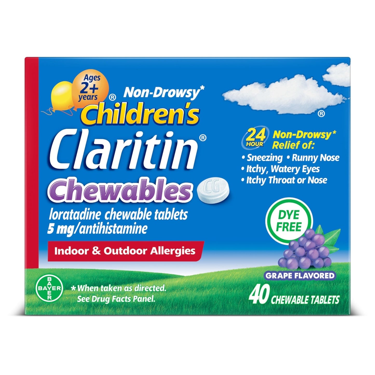 Claritin Children's Allergy Medicine, 24-Hour Non-Drowsy Loratadine 5mg Chewable Tablet, Antihistamine for Kids Ages 2 Years and Older, Grape Flavored, Dye-free, 40 Tablets - Maple Wellness Supplements