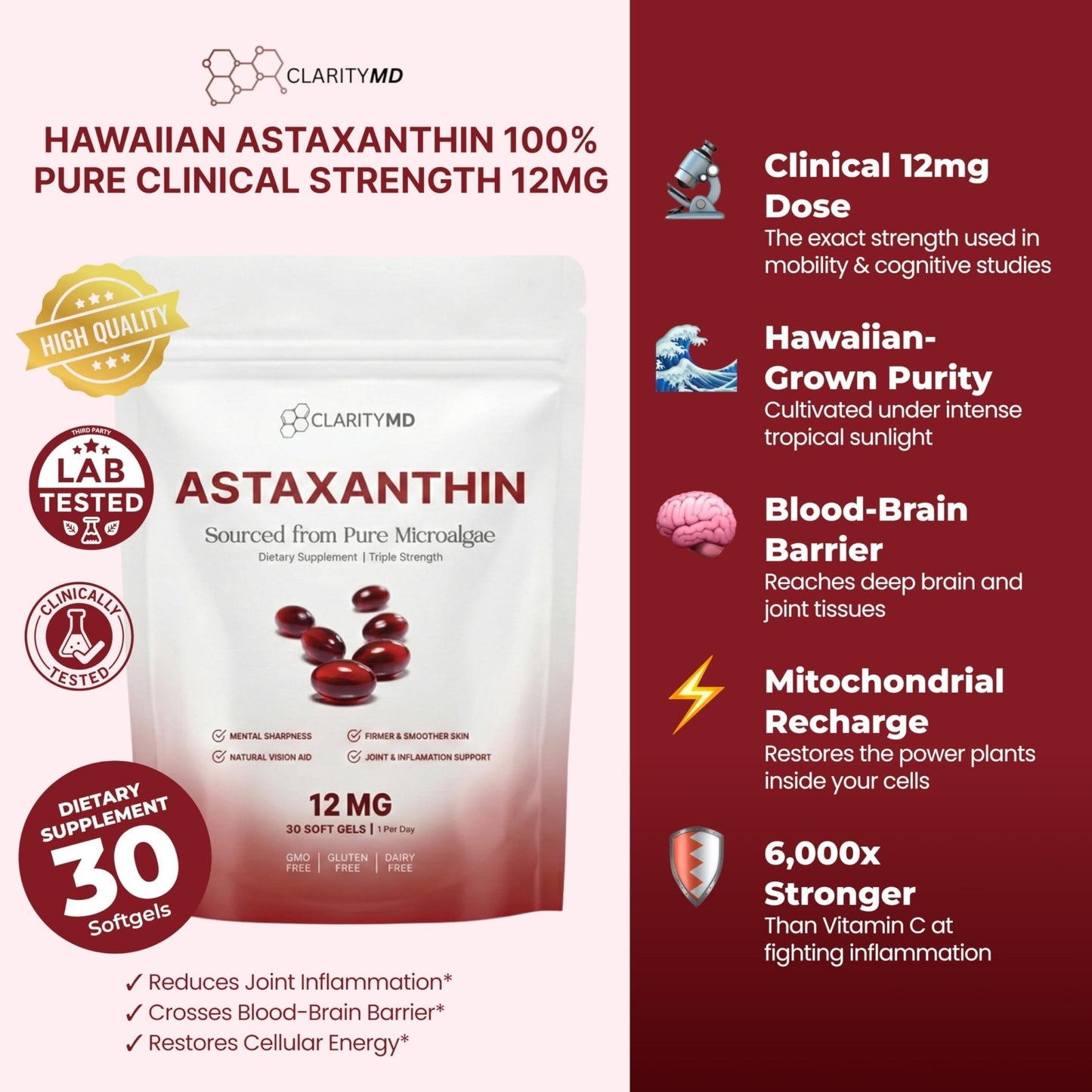 ClarityMD Astaxanthin 12mg Antioxidants Supplement – Natural Microalgae Source – Lipid-Based Softgel for Enhanced Absorption – Cognitive - Maple Wellness Supplements