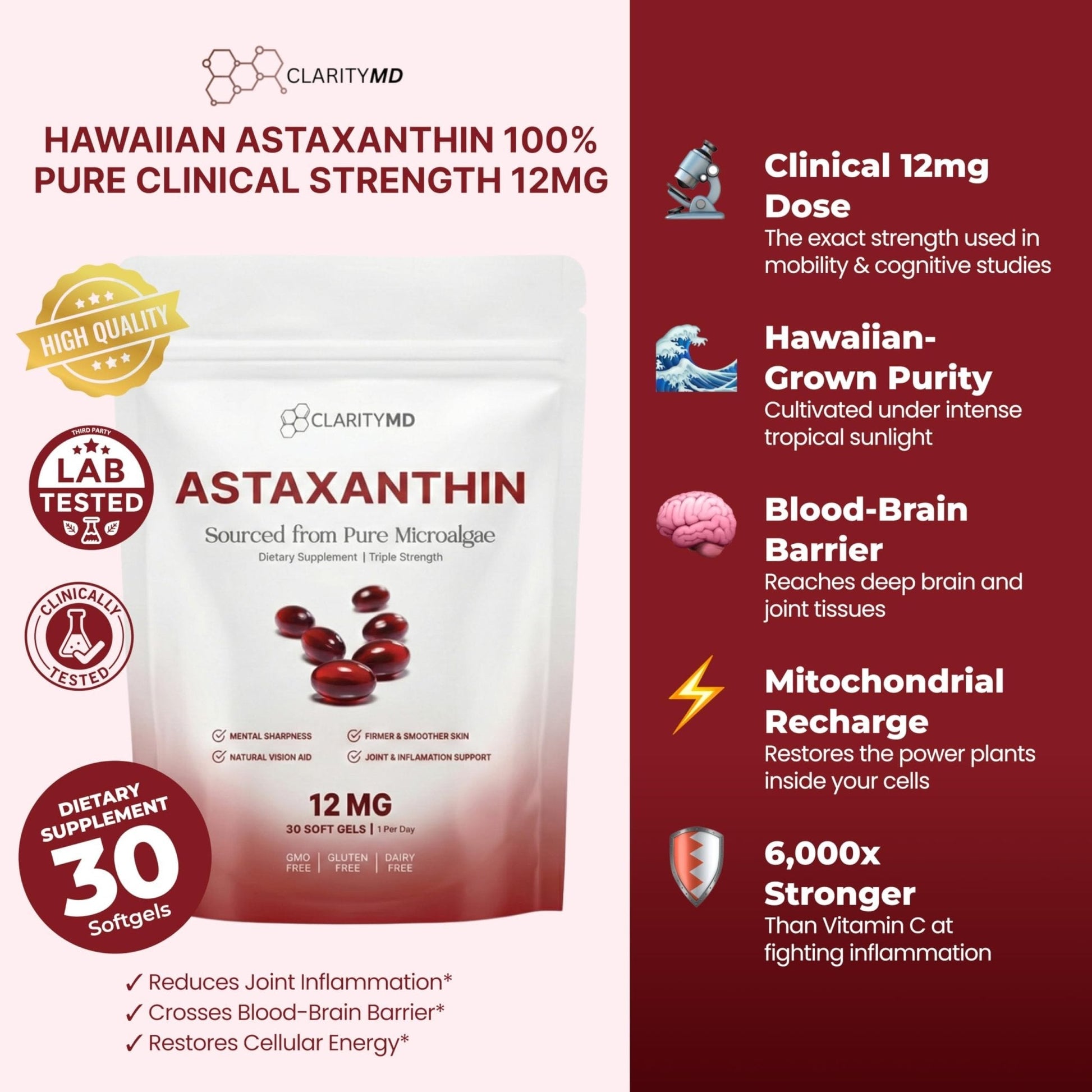 ClarityMD Astaxanthin 12mg Antioxidants Supplement – Natural Microalgae Source – Lipid-Based Softgel for Enhanced Absorption – Cognitive - Maple Wellness Supplements