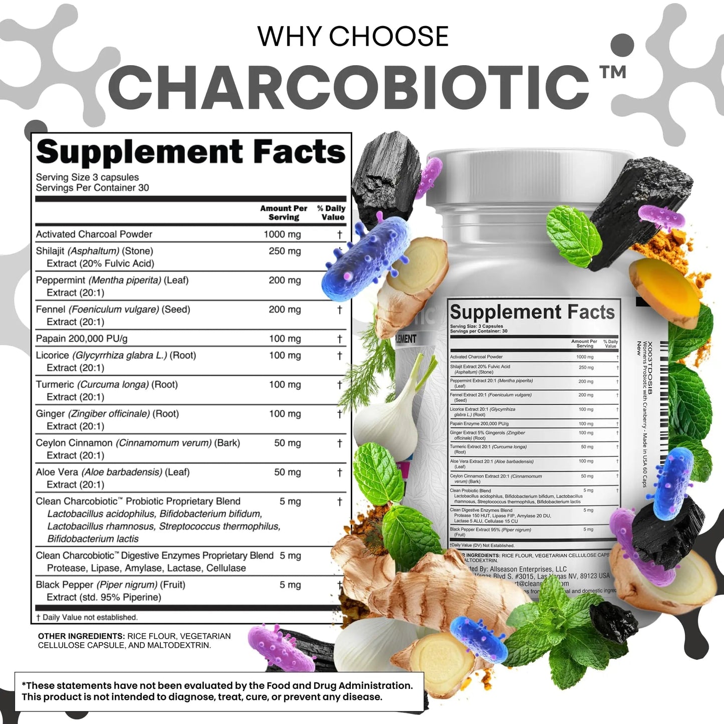 Clean Nutra Activated Charcoal Pills + Shilajit Probiotic Digestive Enzymes for Digestive Health Capsules with Peppermint Fennel Licorice Papain Ginger Turmeric Powder | Gut Health - Maple Wellness Supplements