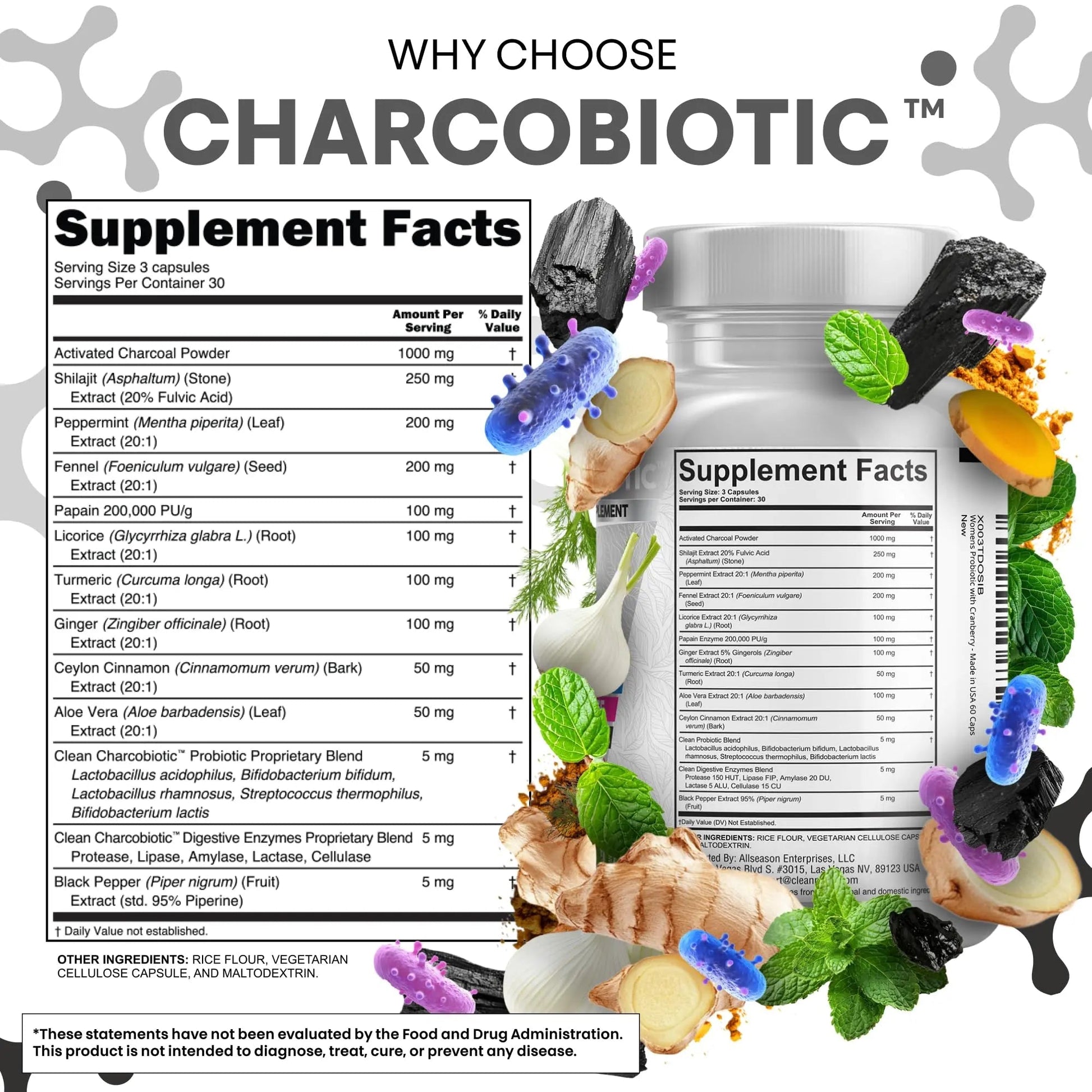 Clean Nutra Activated Charcoal Pills + Shilajit Probiotic Digestive Enzymes for Digestive Health Capsules with Peppermint Fennel Licorice Papain Ginger Turmeric Powder | Gut Health - Maple Wellness Supplements