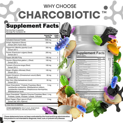 Clean Nutra Activated Charcoal Pills + Shilajit Probiotic Digestive Enzymes for Digestive Health Capsules with Peppermint Fennel Licorice Papain Ginger Turmeric Powder | Gut Health - Maple Wellness Supplements