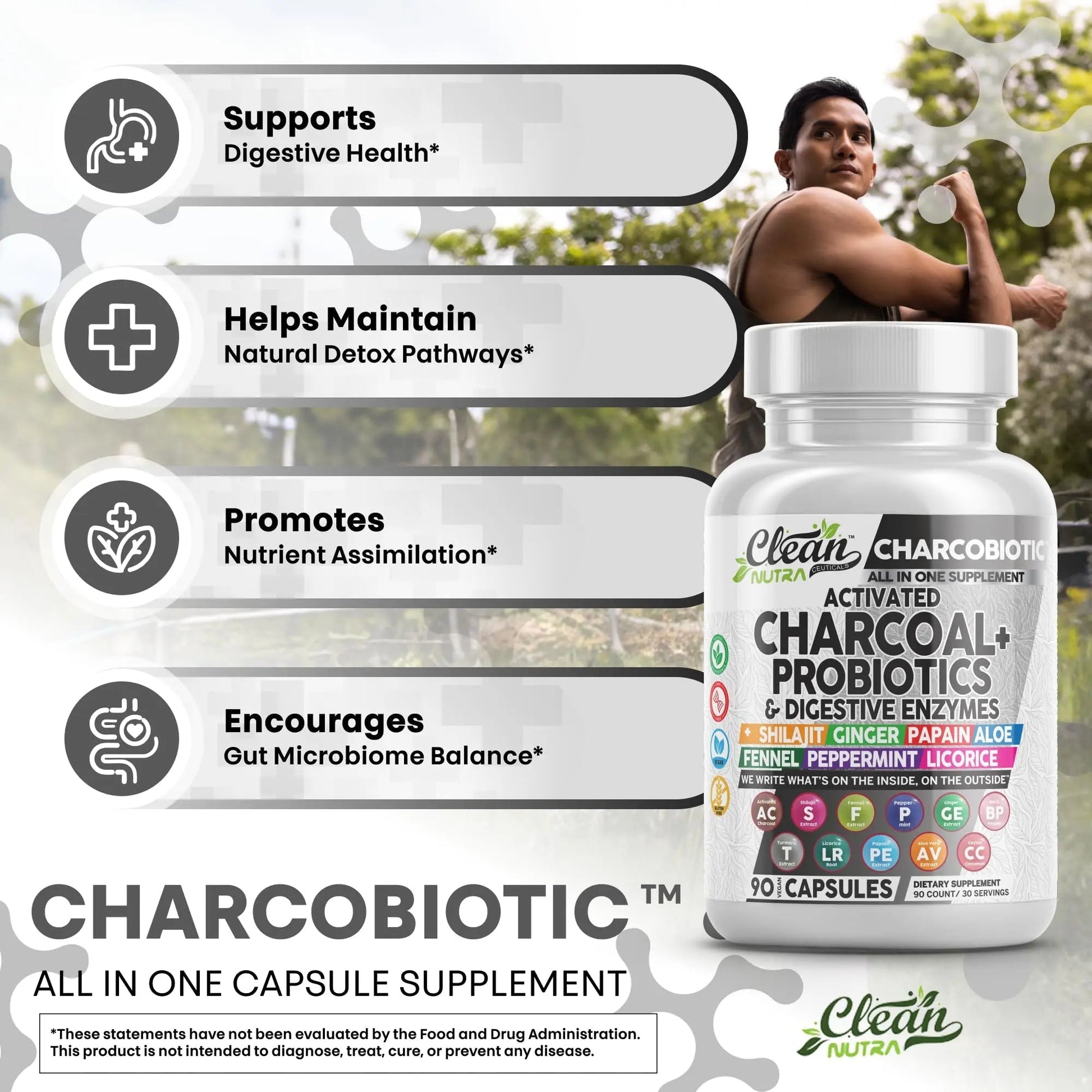 Clean Nutra Activated Charcoal Pills + Shilajit Probiotic Digestive Enzymes for Digestive Health Capsules with Peppermint Fennel Licorice Papain Ginger Turmeric Powder | Gut Health - Maple Wellness Supplements