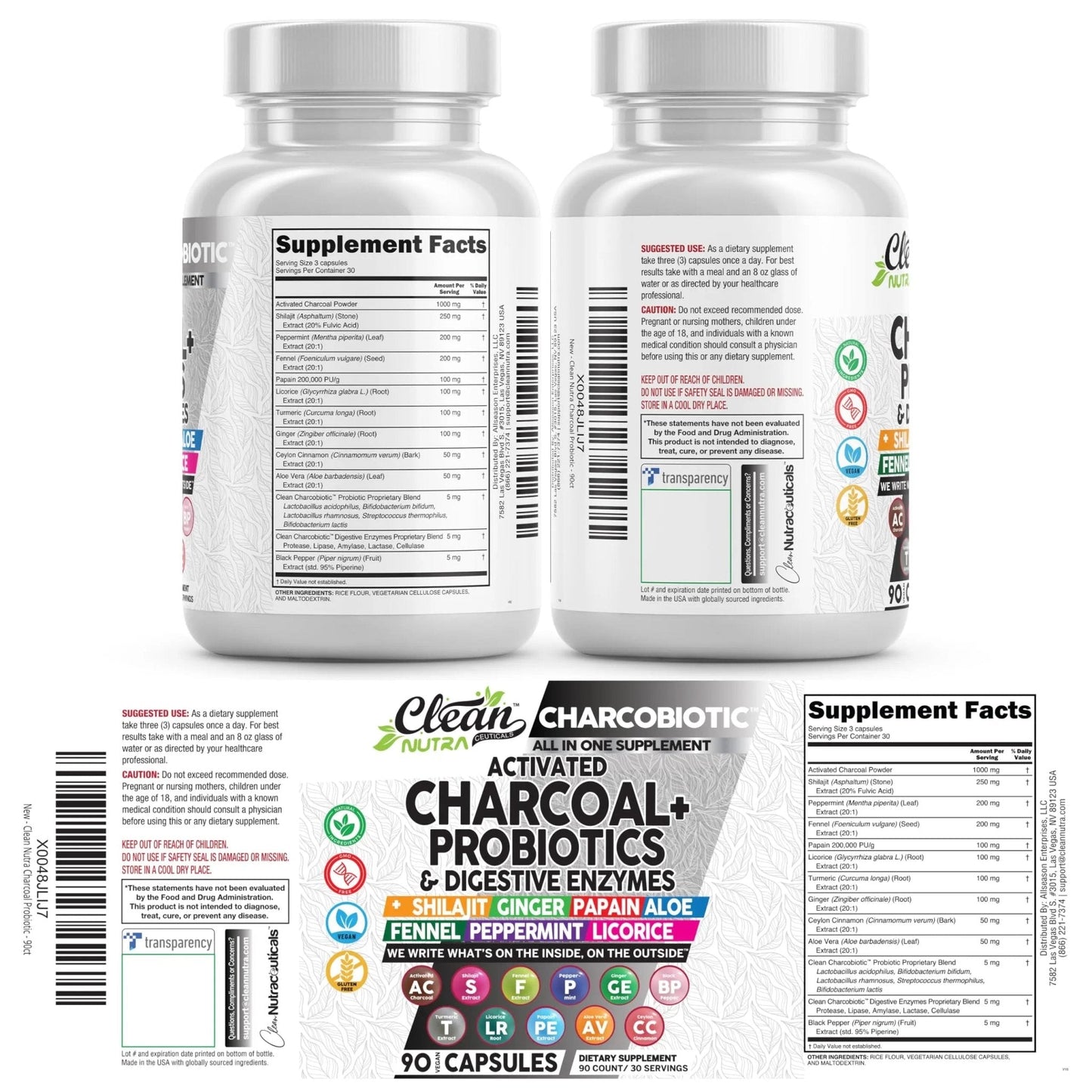 Clean Nutra Activated Charcoal Pills + Shilajit Probiotic Digestive Enzymes for Digestive Health Capsules with Peppermint Fennel Licorice Papain Ginger Turmeric Powder | Gut Health - Maple Wellness Supplements