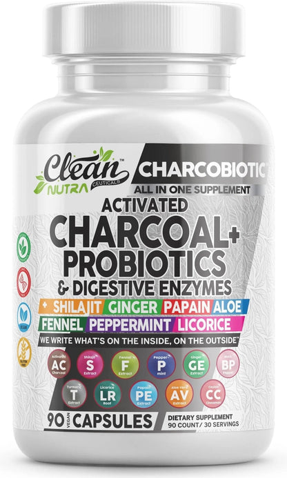 Clean Nutra Activated Charcoal Pills + Shilajit Probiotic Digestive Enzymes for Digestive Health Capsules with Peppermint Fennel Licorice Papain Ginger Turmeric Powder | Gut Health - Maple Wellness Supplements
