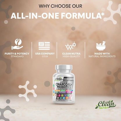 Clean Nutra Activated Charcoal Pills + Shilajit Probiotic Digestive Enzymes for Digestive Health Capsules with Peppermint Fennel Licorice Papain Ginger Turmeric Powder | Gut Health - Maple Wellness Supplements
