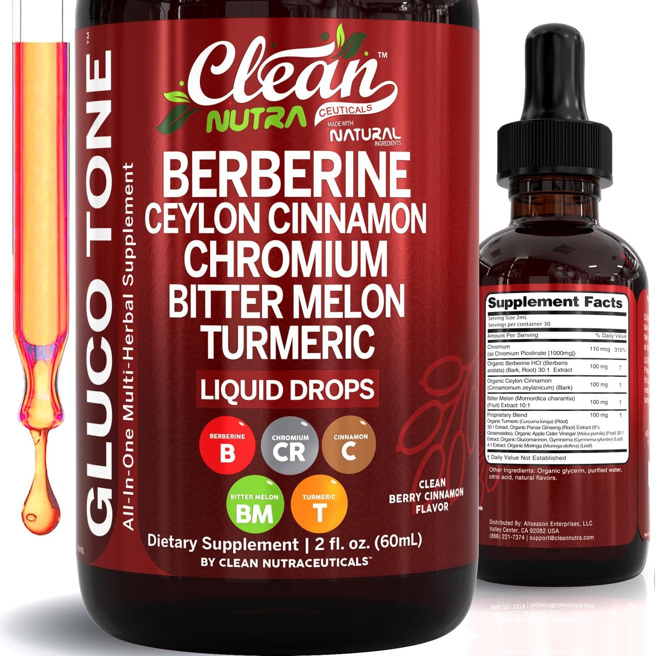 Clean Nutra Berberine with Ceylon Cinnamon Supplement Liquid Drops + Bitter Melon Extract, Glucomannan, Gymnema, Chromium - Maple Wellness Supplements