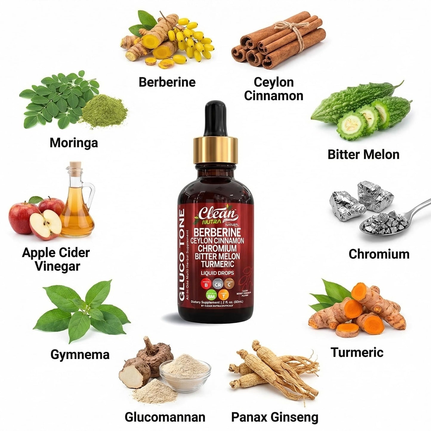 Clean Nutra Berberine with Ceylon Cinnamon Supplement Liquid Drops + Bitter Melon Extract, Glucomannan, Gymnema, Chromium - Maple Wellness Supplements