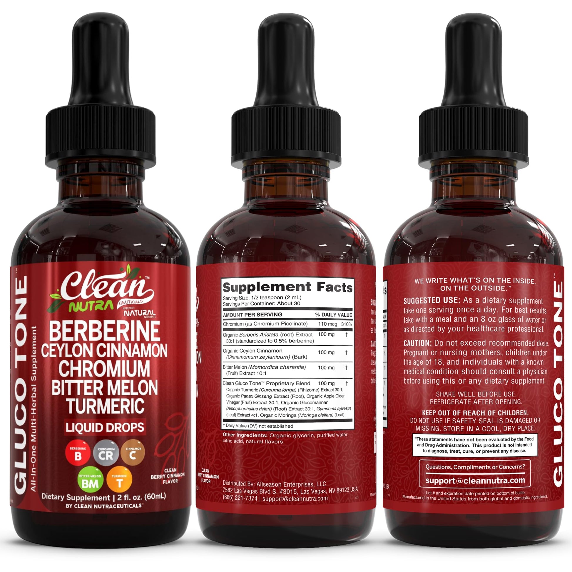 Clean Nutra Berberine with Ceylon Cinnamon Supplement Liquid Drops + Bitter Melon Extract, Glucomannan, Gymnema, Chromium - Maple Wellness Supplements