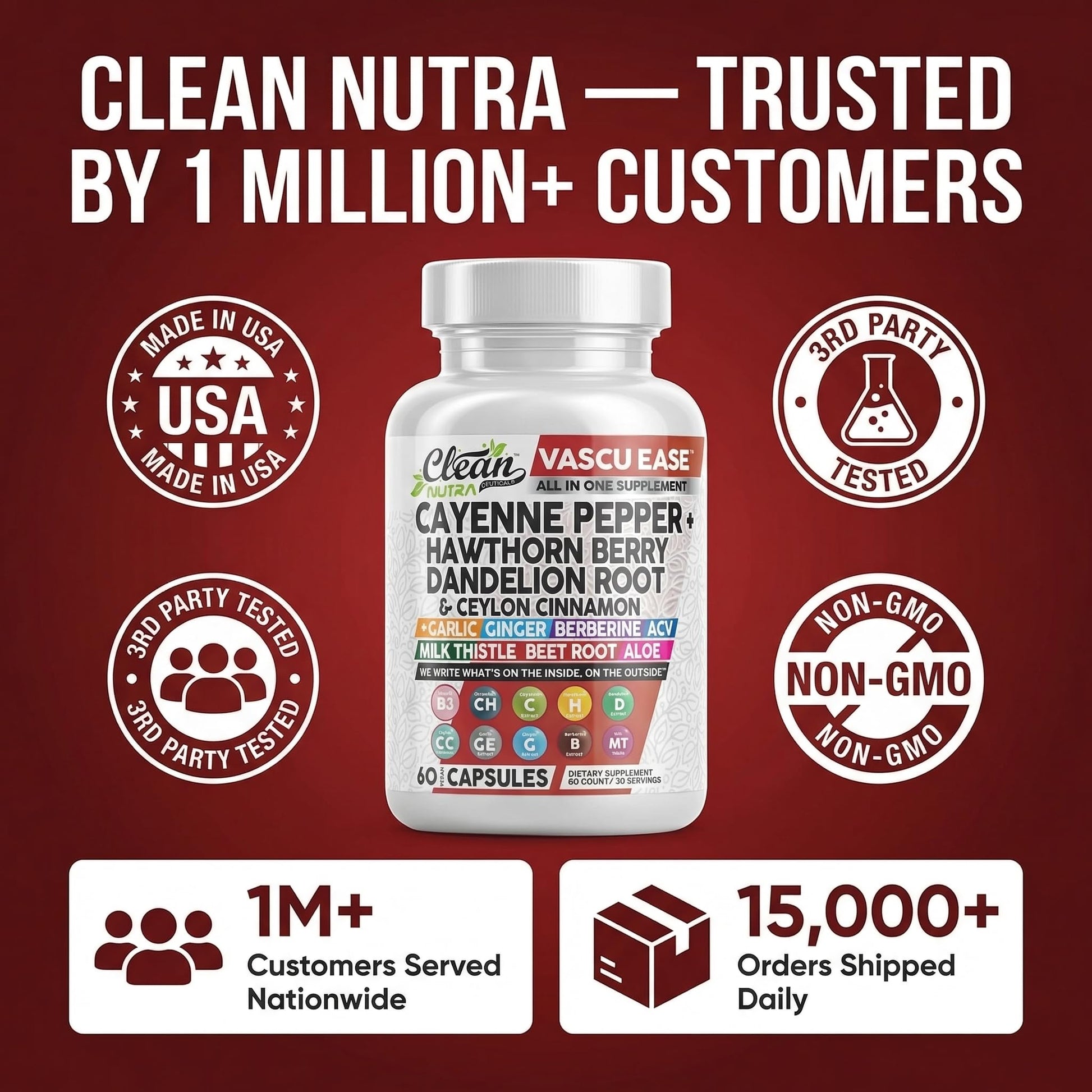Clean Nutra Cayenne Pepper Capsules Supplement with Hawthorn Berry, Dandelion Root, Ceylon Cinnamon, Garlic, Ginger, Berberine, Apple Cider Vinegar, Milk Thistle, Beet Root, Aloe Vera Pills & More - Maple Wellness Supplements