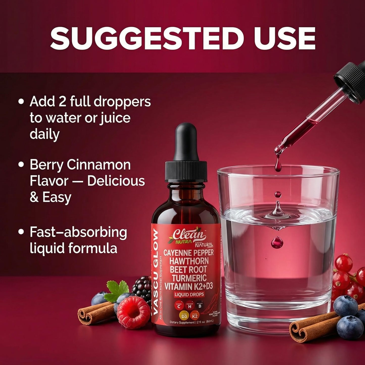 Clean Nutra Cayenne Pepper Drops Supplement Liquid + Hawthorn Berry, Vitamin D3 K2 Beet Root Powder, Ceylon Cinnamon, Turmeric Curcumin - Maple Wellness Supplements