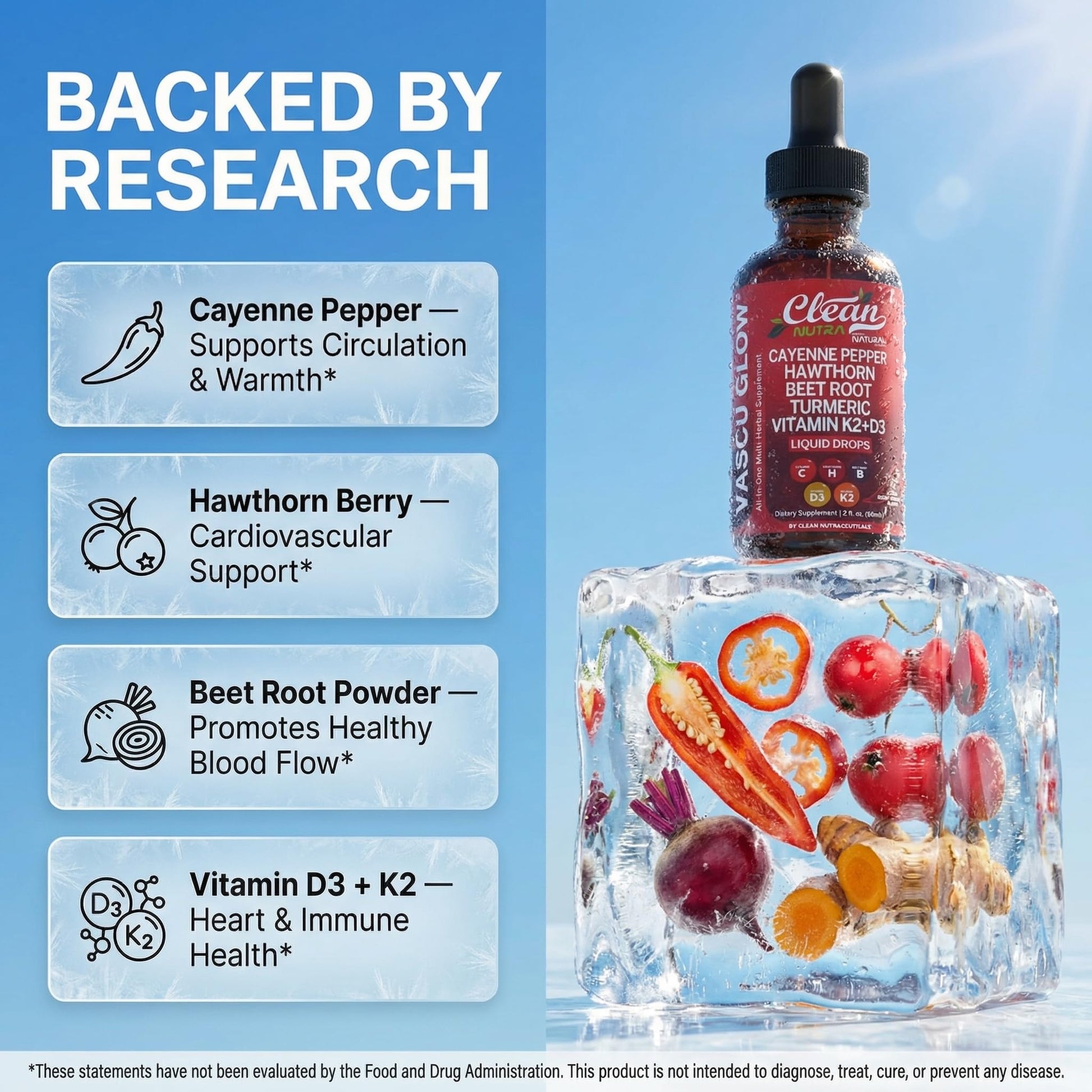 Clean Nutra Cayenne Pepper Drops Supplement Liquid + Hawthorn Berry, Vitamin D3 K2 Beet Root Powder, Ceylon Cinnamon, Turmeric Curcumin - Maple Wellness Supplements