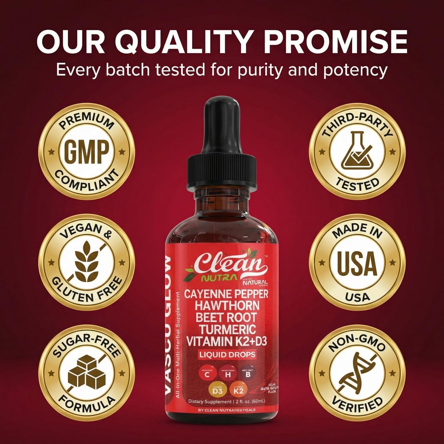 Clean Nutra Cayenne Pepper Drops Supplement Liquid + Hawthorn Berry, Vitamin D3 K2 Beet Root Powder, Ceylon Cinnamon, Turmeric Curcumin - Maple Wellness Supplements