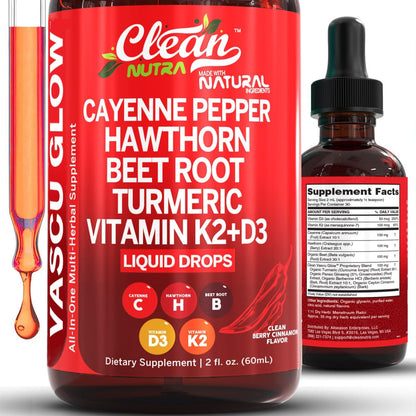 Clean Nutra Cayenne Pepper Drops Supplement Liquid + Hawthorn Berry, Vitamin D3 K2 Beet Root Powder, Ceylon Cinnamon, Turmeric Curcumin - Maple Wellness Supplements