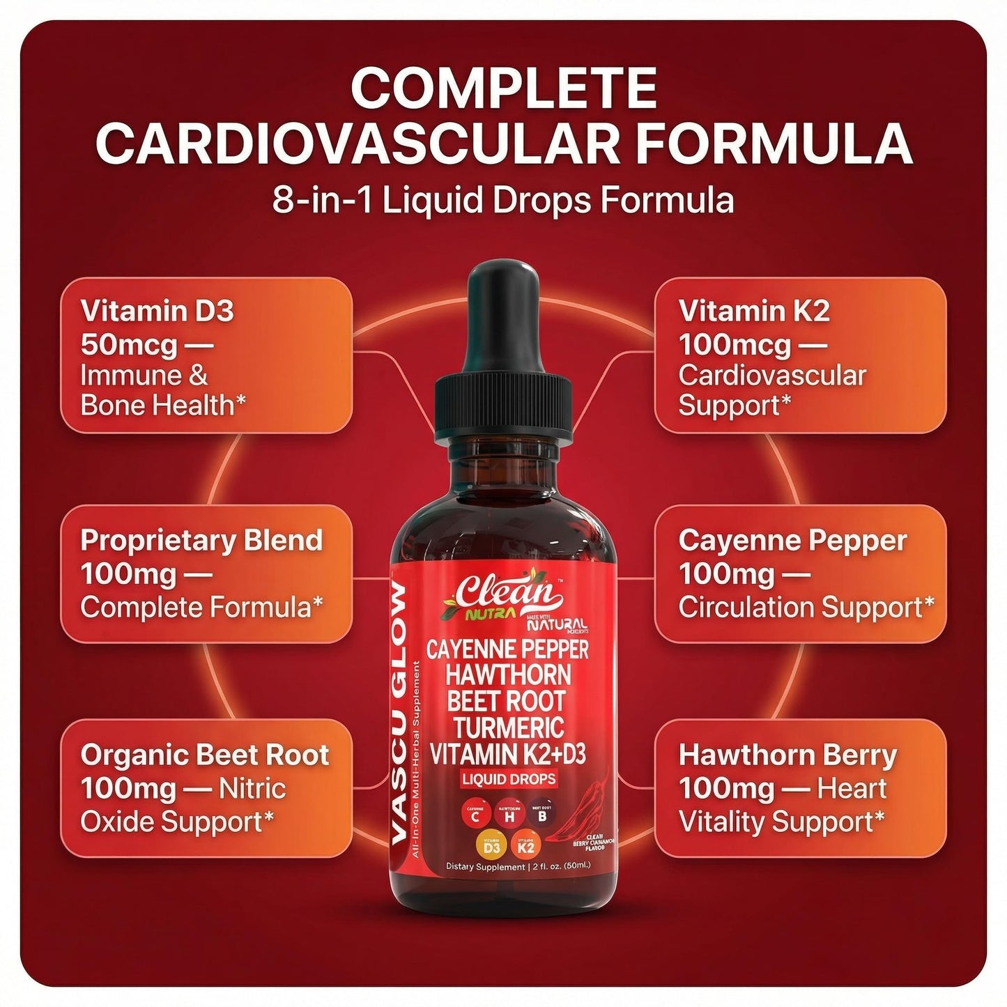 Clean Nutra Cayenne Pepper Drops Supplement Liquid + Hawthorn Berry, Vitamin D3 K2 Beet Root Powder, Ceylon Cinnamon, Turmeric Curcumin - Maple Wellness Supplements