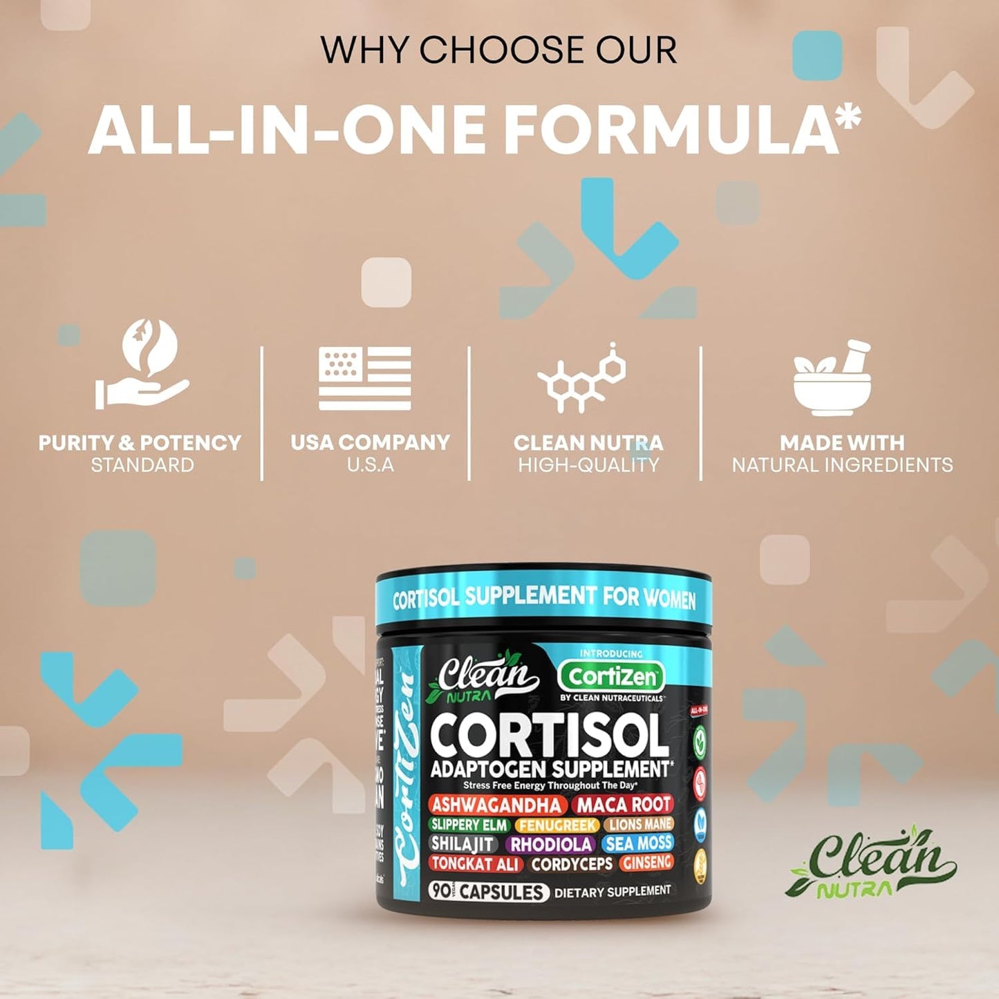 Clean Nutra Cortisol Supplements For Women | Maca Root Ashwagandha Cortisol Detox Manager Reducer + Slippery Elm Fenugreek Lions Mane Shilajit Rhodiola Sea Moss Tongkat Ali Cordyceps Ginseng Beet Root - Maple Wellness Supplements