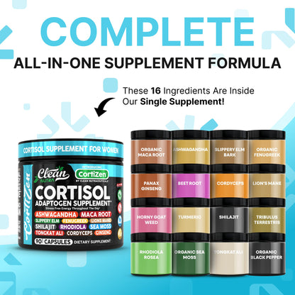 Clean Nutra Cortisol Supplements For Women | Maca Root Ashwagandha Cortisol Detox Manager Reducer + Slippery Elm Fenugreek Lions Mane Shilajit Rhodiola Sea Moss Tongkat Ali Cordyceps Ginseng Beet Root - Maple Wellness Supplements