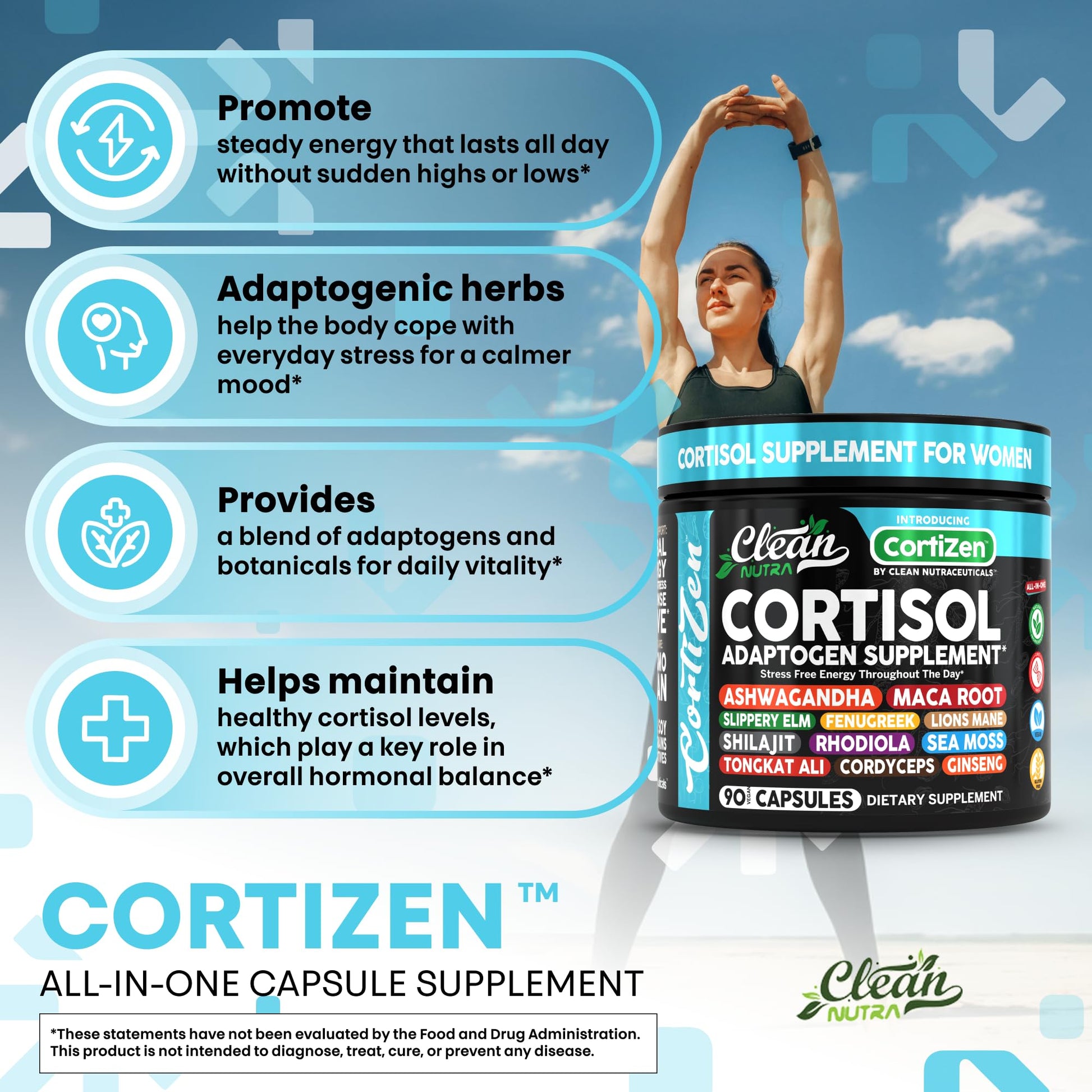 Clean Nutra Cortisol Supplements For Women | Maca Root Ashwagandha Cortisol Detox Manager Reducer + Slippery Elm Fenugreek Lions Mane Shilajit Rhodiola Sea Moss Tongkat Ali Cordyceps Ginseng Beet Root - Maple Wellness Supplements
