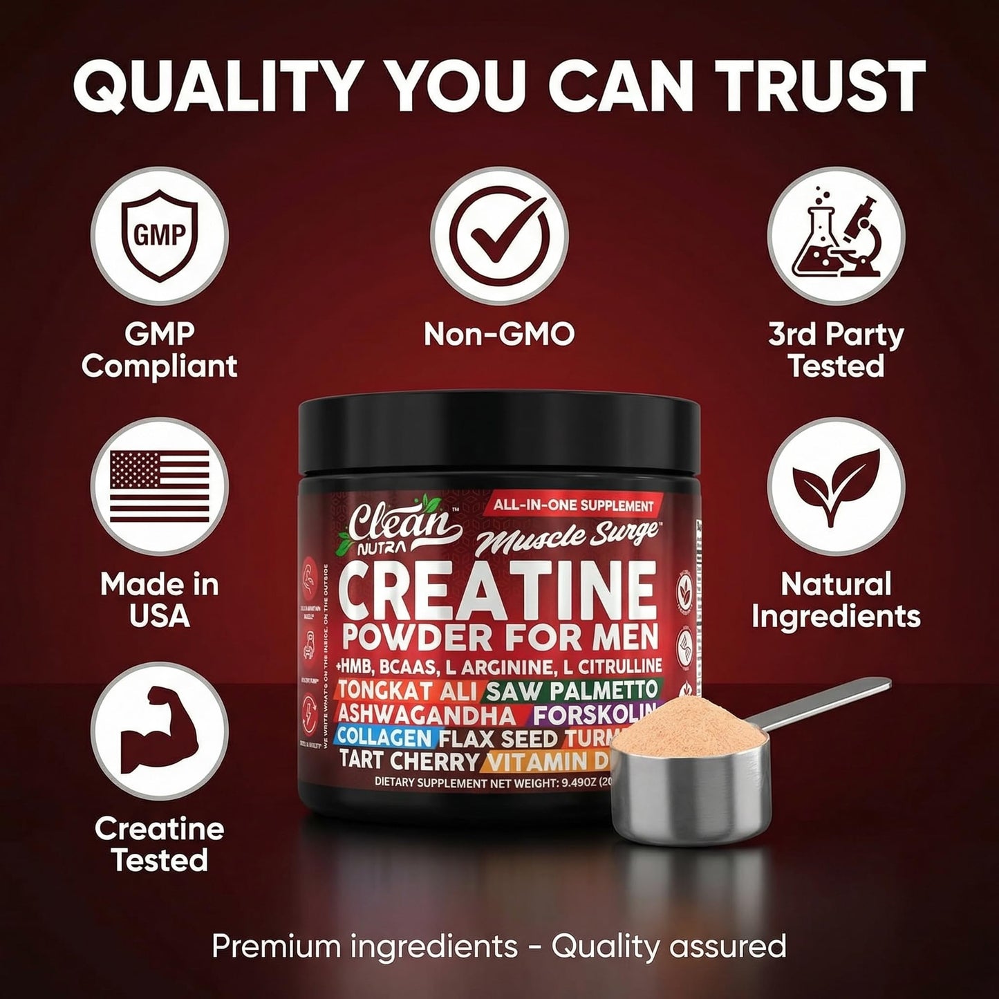 Clean Nutra Creatine Powder for Men + HMB BCAA L Arginine L Citrulline Tongkat Ali Saw Palmetto Ashwagandha Collagen Flax Seed Turmeric Preworkout Stevia - Maple Wellness Supplements