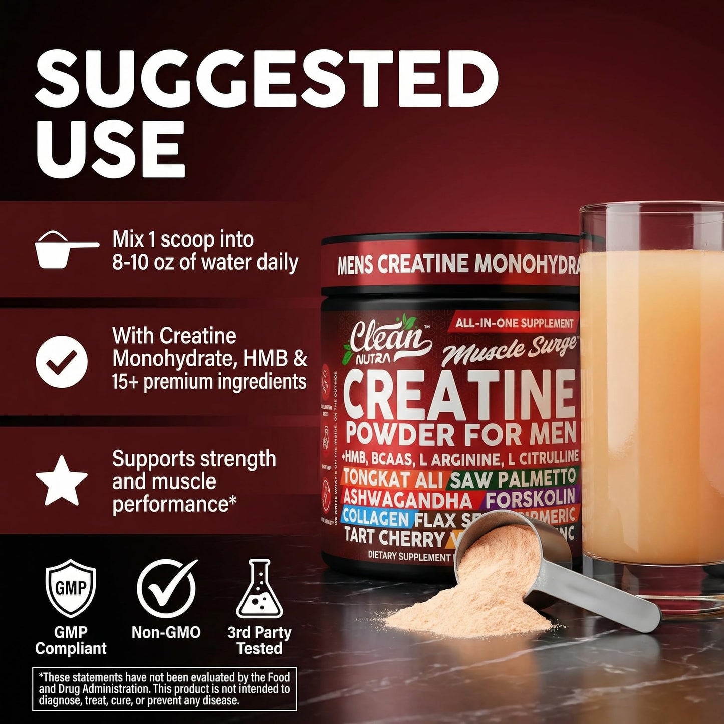 Clean Nutra Creatine Powder for Men + HMB BCAA L Arginine L Citrulline Tongkat Ali Saw Palmetto Ashwagandha Collagen Flax Seed Turmeric Preworkout Stevia - Maple Wellness Supplements
