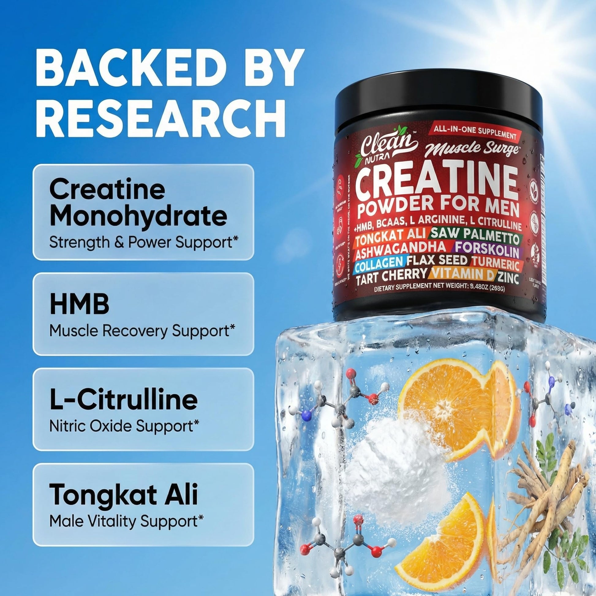 Clean Nutra Creatine Powder for Men + HMB BCAA L Arginine L Citrulline Tongkat Ali Saw Palmetto Ashwagandha Collagen Flax Seed Turmeric Preworkout Stevia - Maple Wellness Supplements