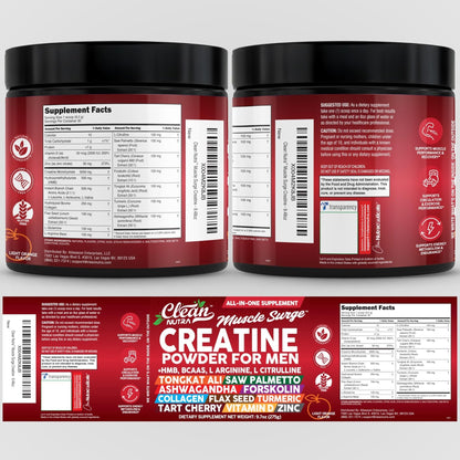 Clean Nutra Creatine Powder for Men + HMB BCAA L Arginine L Citrulline Tongkat Ali Saw Palmetto Ashwagandha Collagen Flax Seed Turmeric Preworkout Stevia - Maple Wellness Supplements