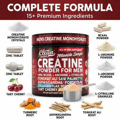 Clean Nutra Creatine Powder for Men + HMB BCAA L Arginine L Citrulline Tongkat Ali Saw Palmetto Ashwagandha Collagen Flax Seed Turmeric Preworkout Stevia - Maple Wellness Supplements