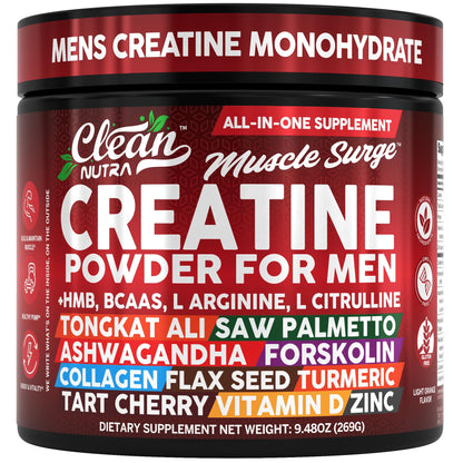 Clean Nutra Creatine Powder for Men + HMB BCAA L Arginine L Citrulline Tongkat Ali Saw Palmetto Ashwagandha Collagen Flax Seed Turmeric Preworkout Stevia - Maple Wellness Supplements