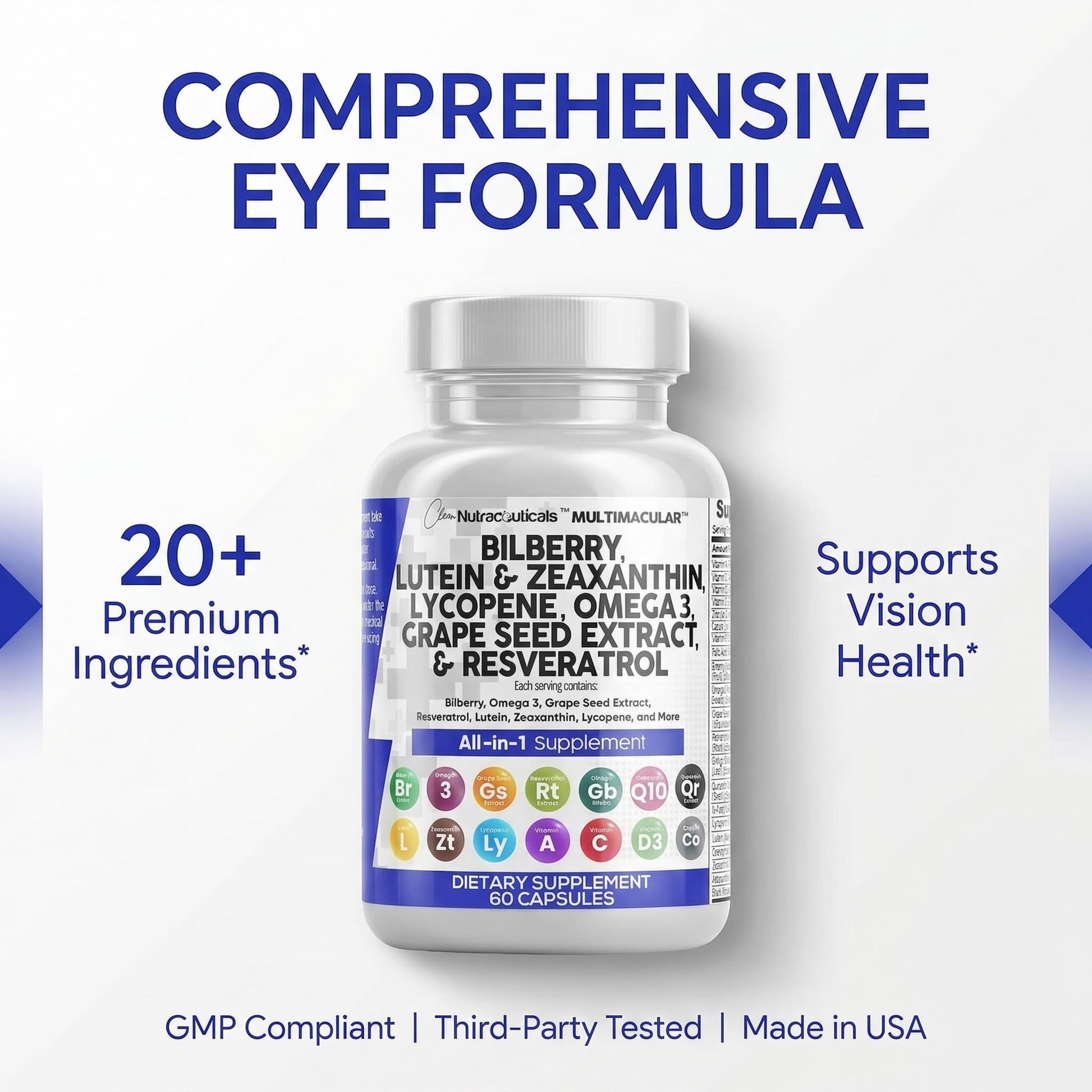 Clean Nutra Eye Vitamins with Bilberry Lutein and Zeaxanthin Supplements Lycopene 40mg Resveratrol Grape Seed Astaxanthin for Eyes - Eye Care Health Support Eye - Maple Wellness Supplements