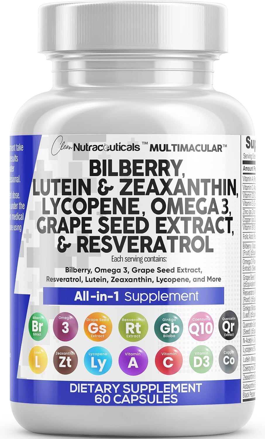 Clean Nutra Eye Vitamins with Bilberry Lutein and Zeaxanthin Supplements Lycopene 40mg Resveratrol Grape Seed Astaxanthin for Eyes - Eye Care Health Support Eye - Maple Wellness Supplements