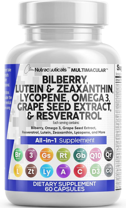 Clean Nutra Eye Vitamins with Bilberry Lutein and Zeaxanthin Supplements Lycopene 40mg Resveratrol Grape Seed Astaxanthin for Eyes - Eye Care Health Support Eye - Maple Wellness Supplements