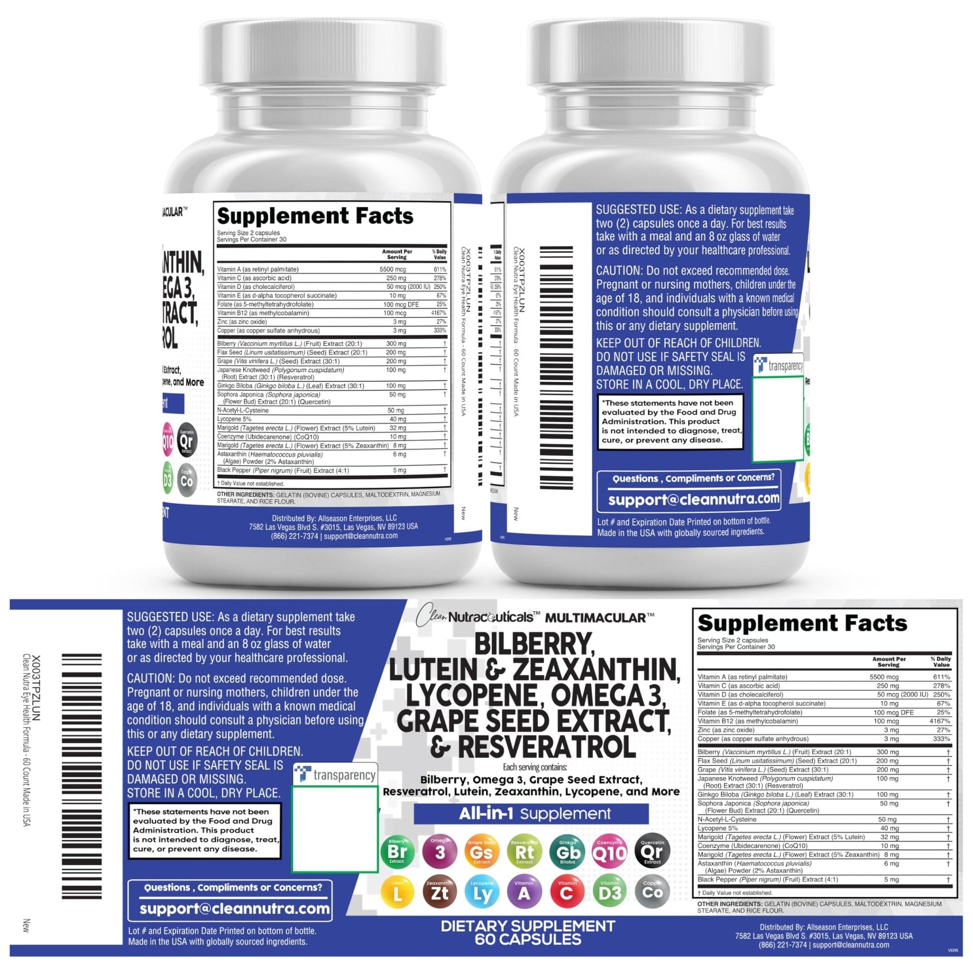 Clean Nutra Eye Vitamins with Bilberry Lutein and Zeaxanthin Supplements Lycopene 40mg Resveratrol Grape Seed Astaxanthin for Eyes - Eye Care Health Support Eye - Maple Wellness Supplements