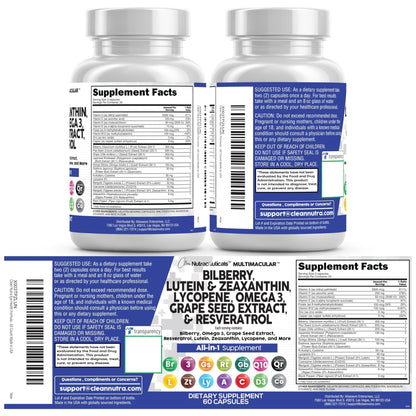 Clean Nutra Eye Vitamins with Bilberry Lutein and Zeaxanthin Supplements Lycopene 40mg Resveratrol Grape Seed Astaxanthin for Eyes - Eye Care Health Support Eye - Maple Wellness Supplements