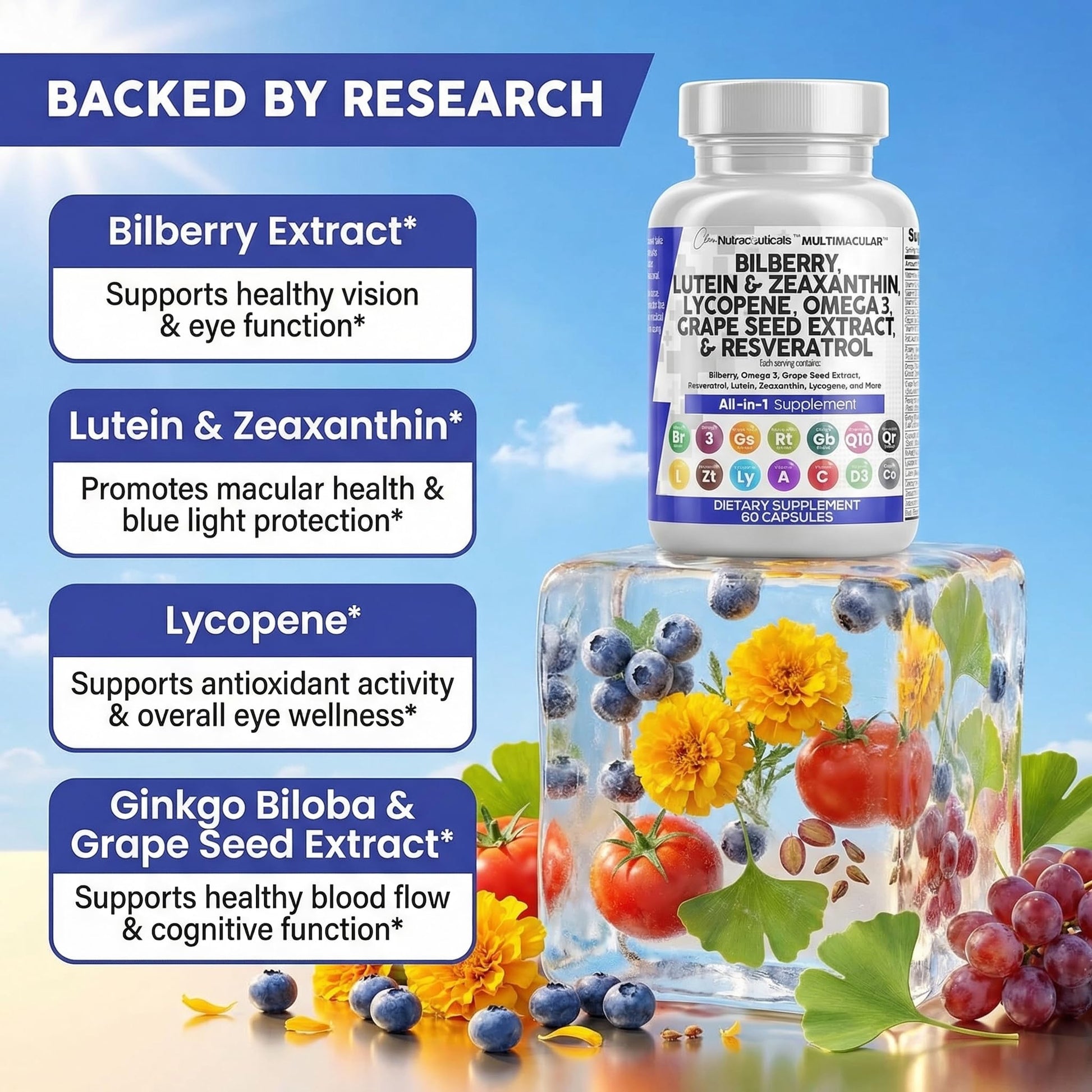 Clean Nutra Eye Vitamins with Bilberry Lutein and Zeaxanthin Supplements Lycopene 40mg Resveratrol Grape Seed Astaxanthin for Eyes - Eye Care Health Support Eye - Maple Wellness Supplements