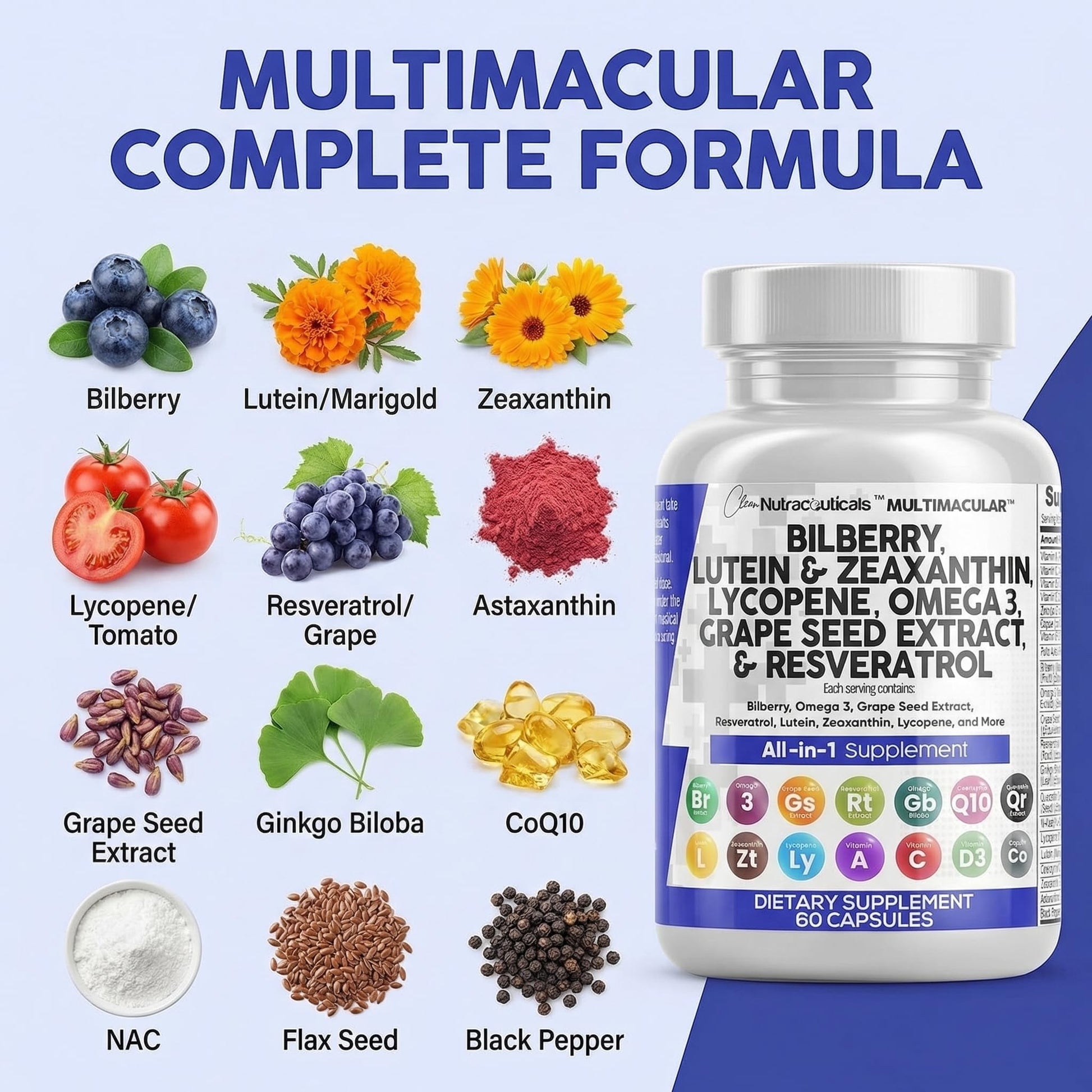 Clean Nutra Eye Vitamins with Bilberry Lutein and Zeaxanthin Supplements Lycopene 40mg Resveratrol Grape Seed Astaxanthin for Eyes - Eye Care Health Support Eye - Maple Wellness Supplements