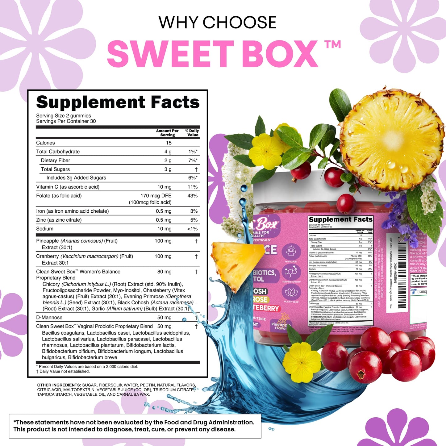 Clean Nutra Feminine Balance Gummies for Women Pineapple VaginalProbiotics pH Balance Cranberry D Mannose Supplement Inositol Black Cohosh Evening Primrose Garlic Vitex GLA Prebiotics Folate 60ct - Maple Wellness Supplements