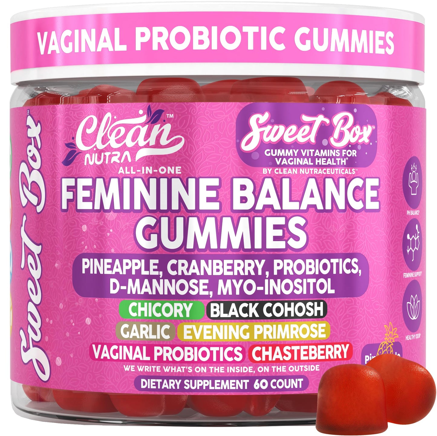 Clean Nutra Feminine Balance Gummies for Women Pineapple VaginalProbiotics pH Balance Cranberry D Mannose Supplement Inositol Black Cohosh Evening Primrose Garlic Vitex GLA Prebiotics Folate 60ct - Maple Wellness Supplements
