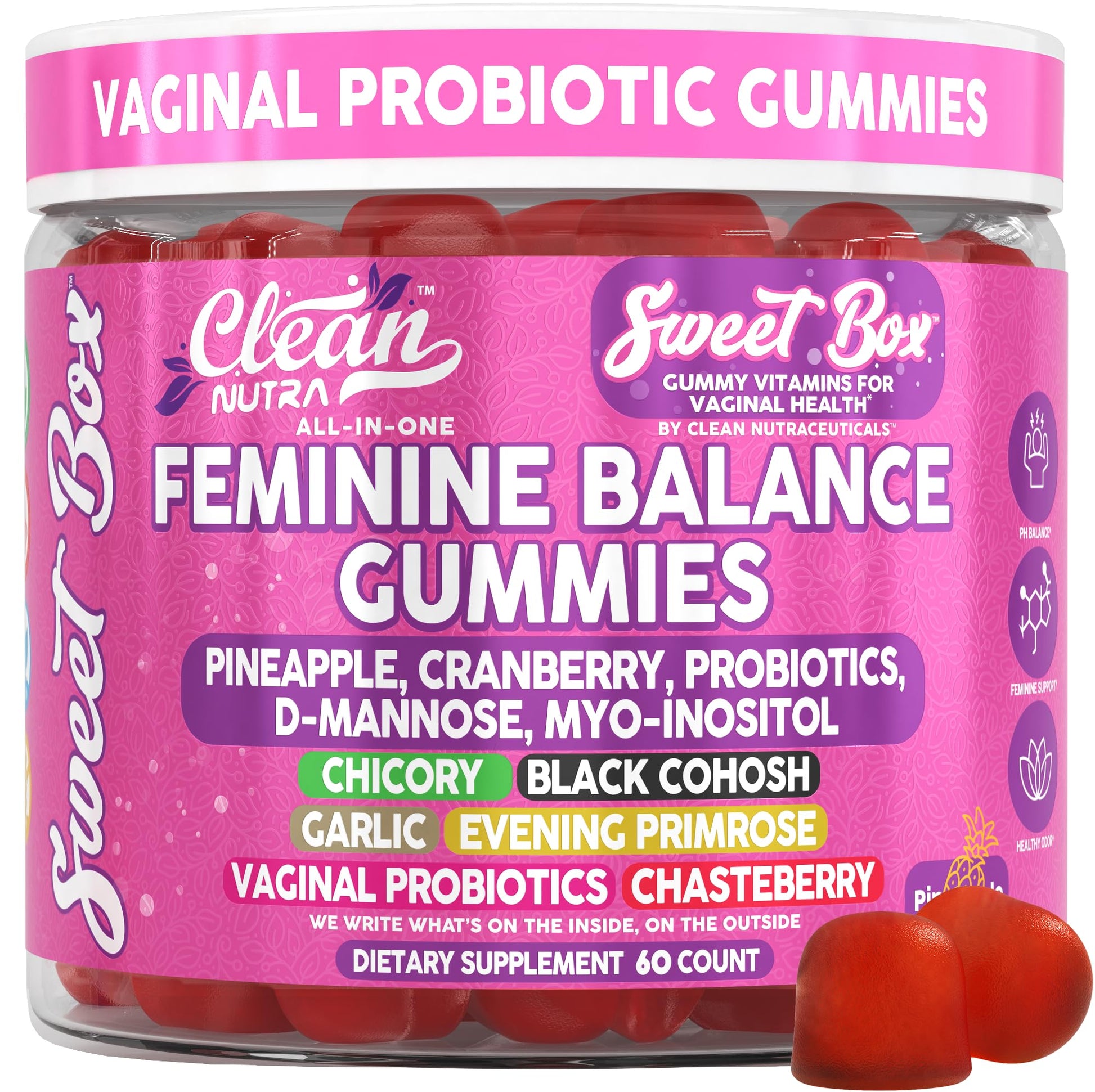 Clean Nutra Feminine Balance Gummies for Women Pineapple VaginalProbiotics pH Balance Cranberry D Mannose Supplement Inositol Black Cohosh Evening Primrose Garlic Vitex GLA Prebiotics Folate 60ct - Maple Wellness Supplements