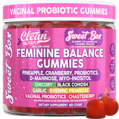 Clean Nutra Feminine Balance Gummies for Women Pineapple VaginalProbiotics pH Balance Cranberry D Mannose Supplement Inositol Black Cohosh Evening Primrose Garlic Vitex GLA Prebiotics Folate 60ct - Maple Wellness Supplements