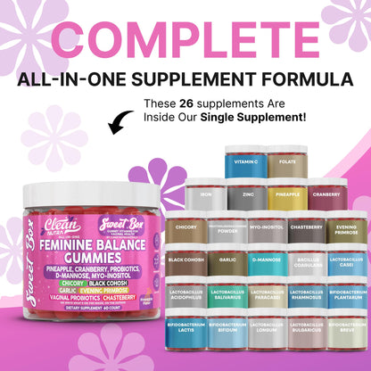 Clean Nutra Feminine Balance Gummies for Women Pineapple VaginalProbiotics pH Balance Cranberry D Mannose Supplement Inositol Black Cohosh Evening Primrose Garlic Vitex GLA Prebiotics Folate 60ct - Maple Wellness Supplements