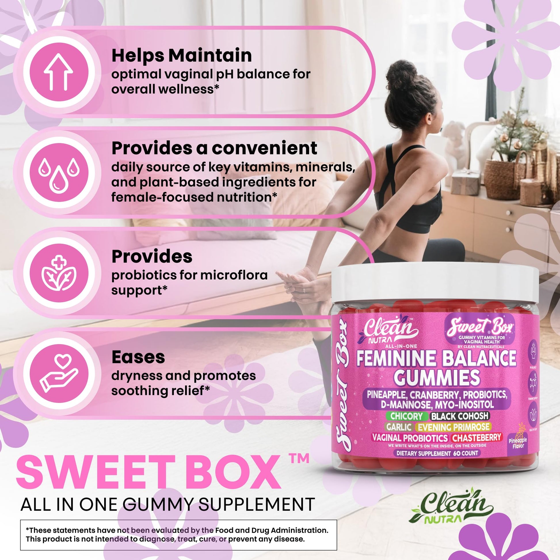 Clean Nutra Feminine Balance Gummies for Women Pineapple VaginalProbiotics pH Balance Cranberry D Mannose Supplement Inositol Black Cohosh Evening Primrose Garlic Vitex GLA Prebiotics Folate 60ct - Maple Wellness Supplements
