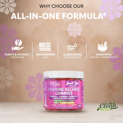 Clean Nutra Feminine Balance Gummies for Women Pineapple VaginalProbiotics pH Balance Cranberry D Mannose Supplement Inositol Black Cohosh Evening Primrose Garlic Vitex GLA Prebiotics Folate 60ct - Maple Wellness Supplements