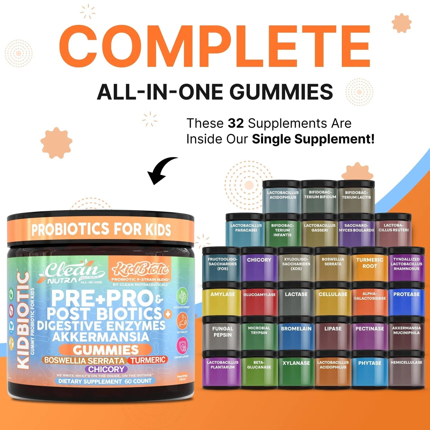 Clean Nutra Kids Probiotics Gummies with Prebiotics, Postbiotics, Digestive Enzymes, Akkermansia, Boswellia Serrata, Turmeric, Chicory – 60 Count – Plant-Based Supplement for Kids – PeachPop Flavor - Maple Wellness Supplements