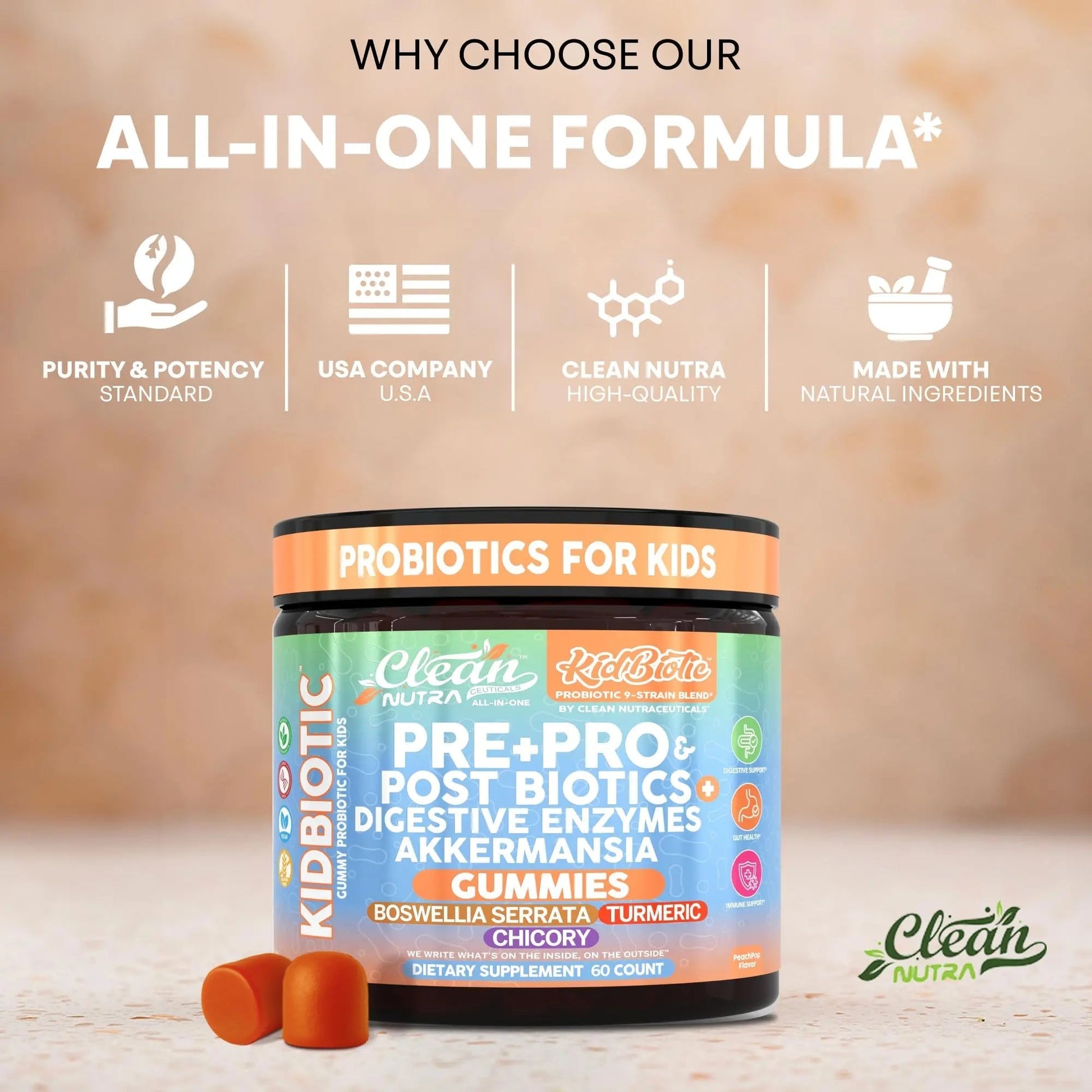 Clean Nutra Kids Probiotics Gummies with Prebiotics, Postbiotics, Digestive Enzymes, Akkermansia, Boswellia Serrata, Turmeric, Chicory – 60 Count – Plant-Based Supplement for Kids – PeachPop Flavor - Maple Wellness Supplements